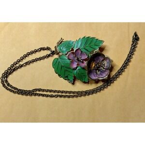Vintage Enamel Floral Pendant Necklace Mid Century Hand Painted Flowers 18"
